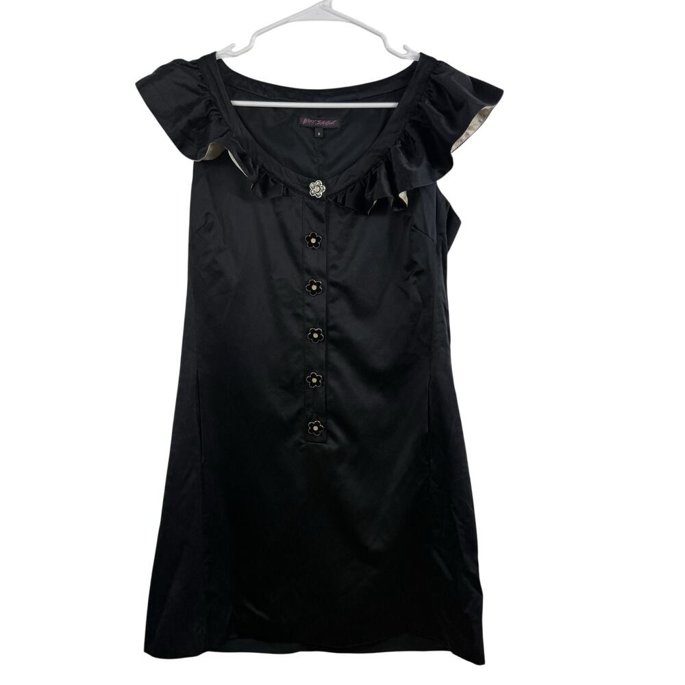 Vintage Betsy Johnson Black Satin Ruffle Neck Dress Size 8 Mini Flower Buttons